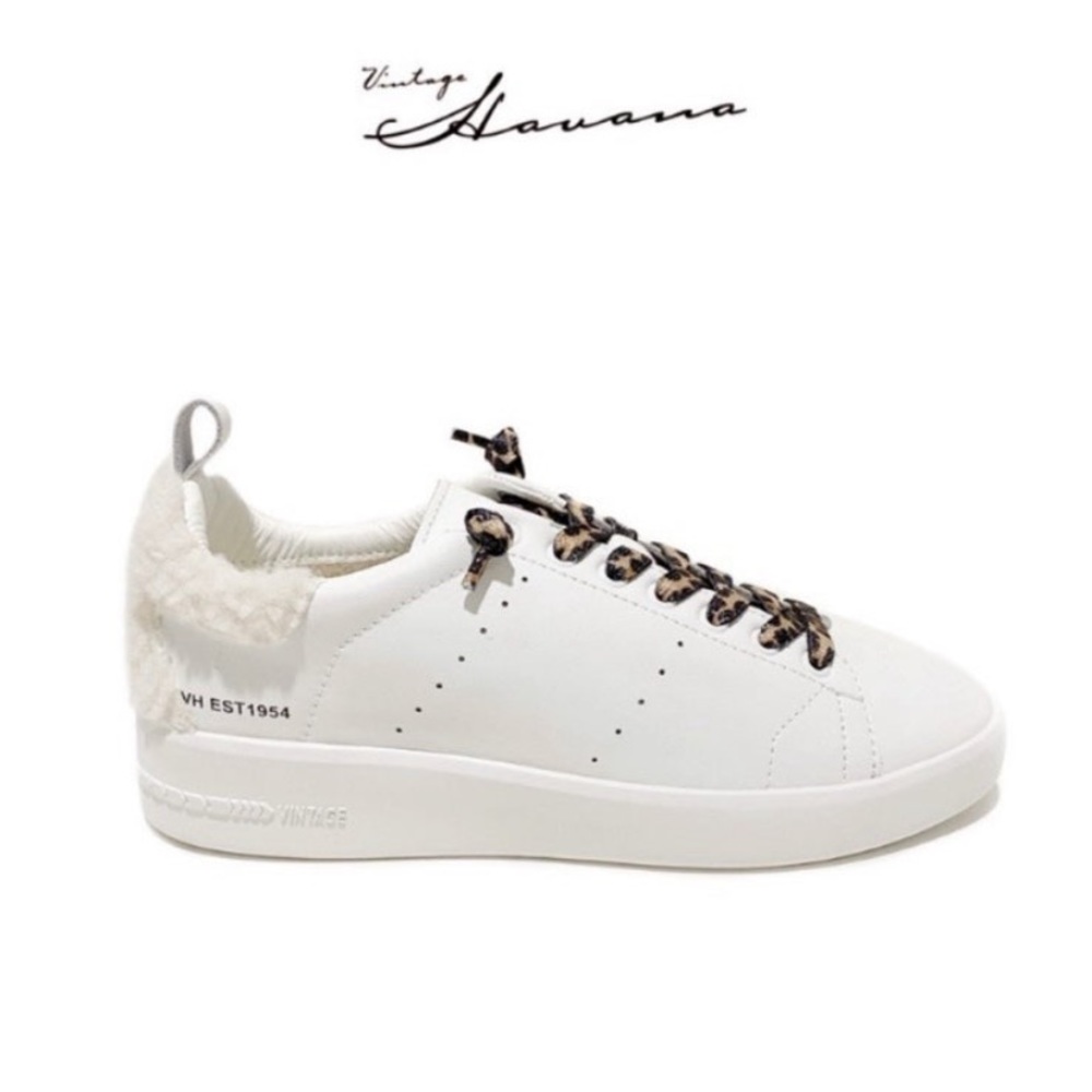 VINTAGE HAVANA Meadow White Leather & Faux Fur-Trim Sneakers NWT
